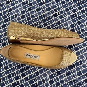 JIMMY CHOO BECK Glitter Coated Metallic GOLD Mini Wedge Flat Shoes